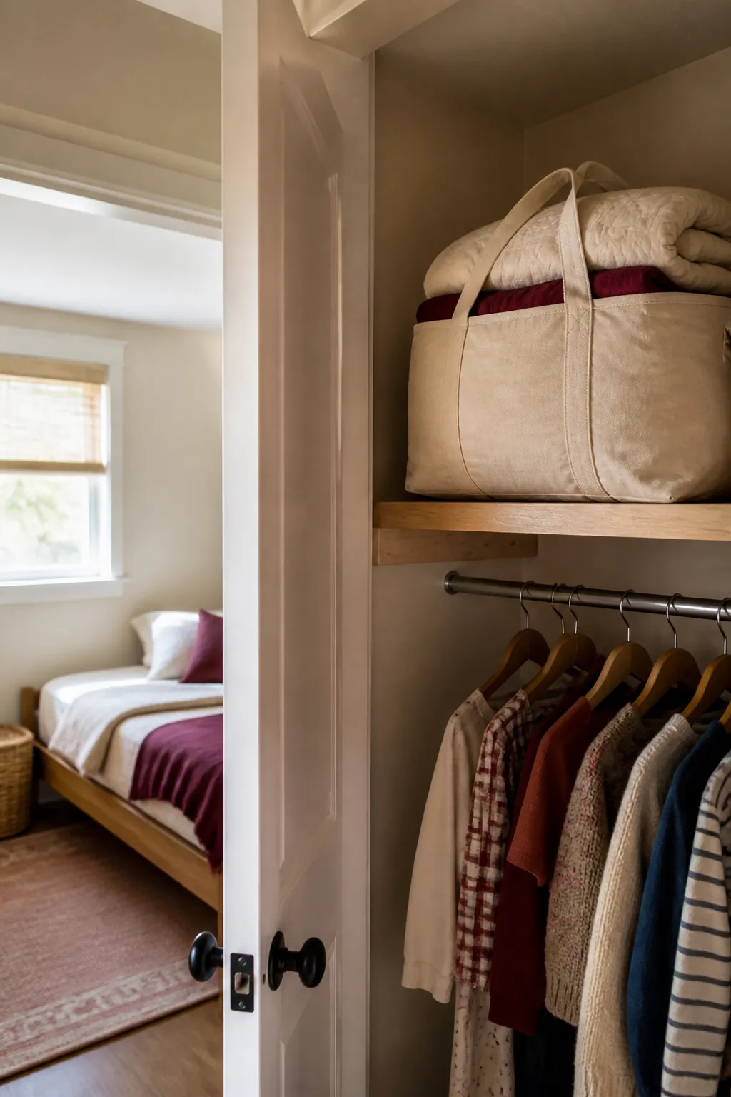 Soft seasonal bedding bag in a small bedroom closet