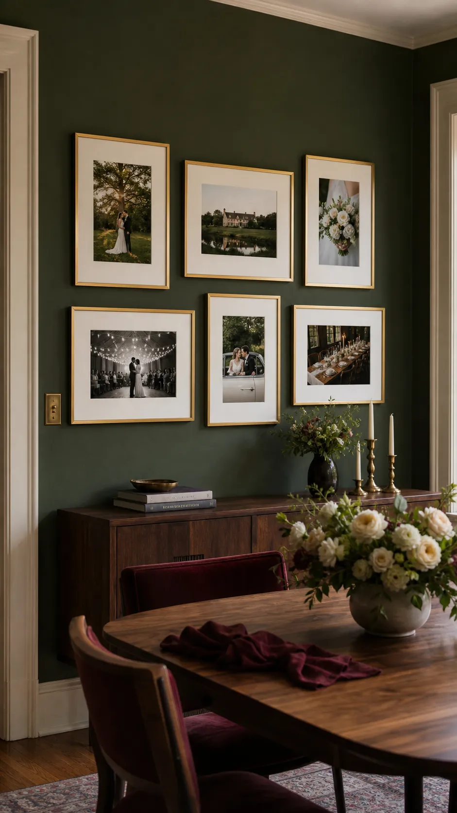Brass Frames on a Deep Wall wedding photo wall display