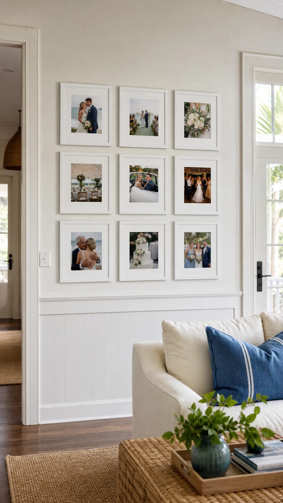 White Frame Airy Grid wedding photo wall display