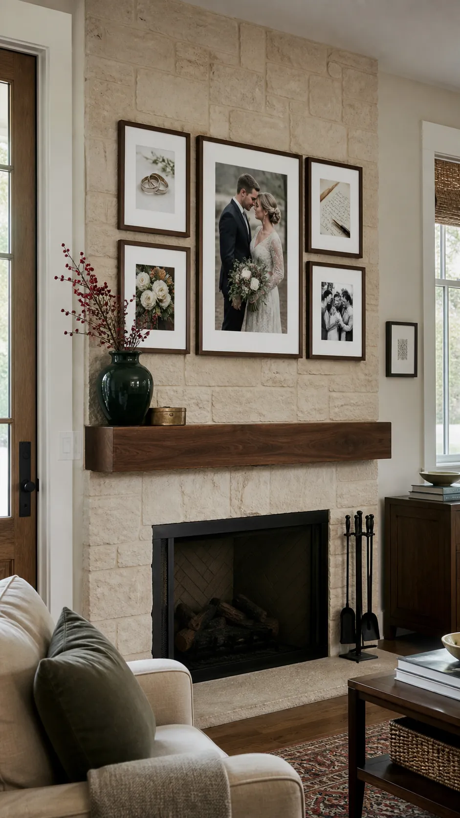 Mantel Portrait and Detail Layer wedding photo wall display