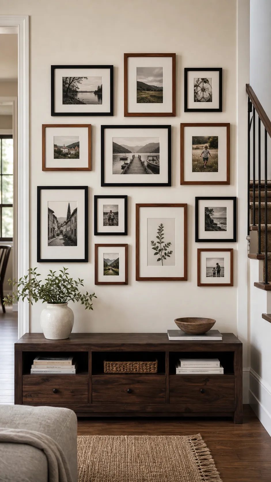 Mix Black Frames With Warm Walnut mixed photo frame wall idea