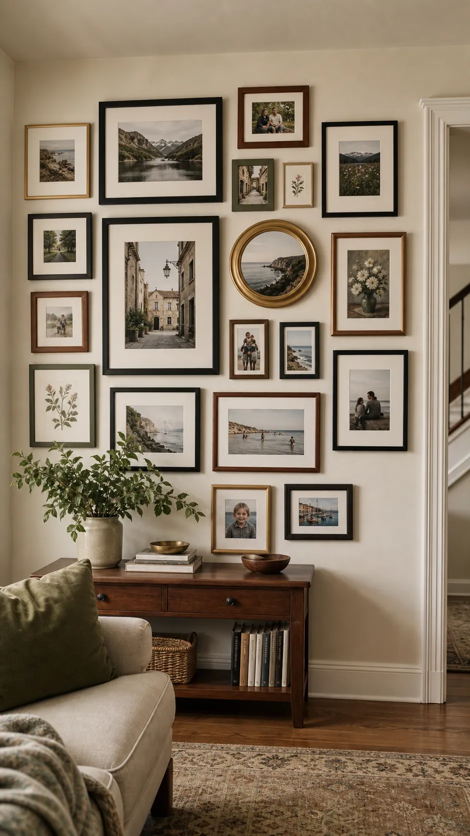 Mixed photo frames arranged as a collected gallery wall