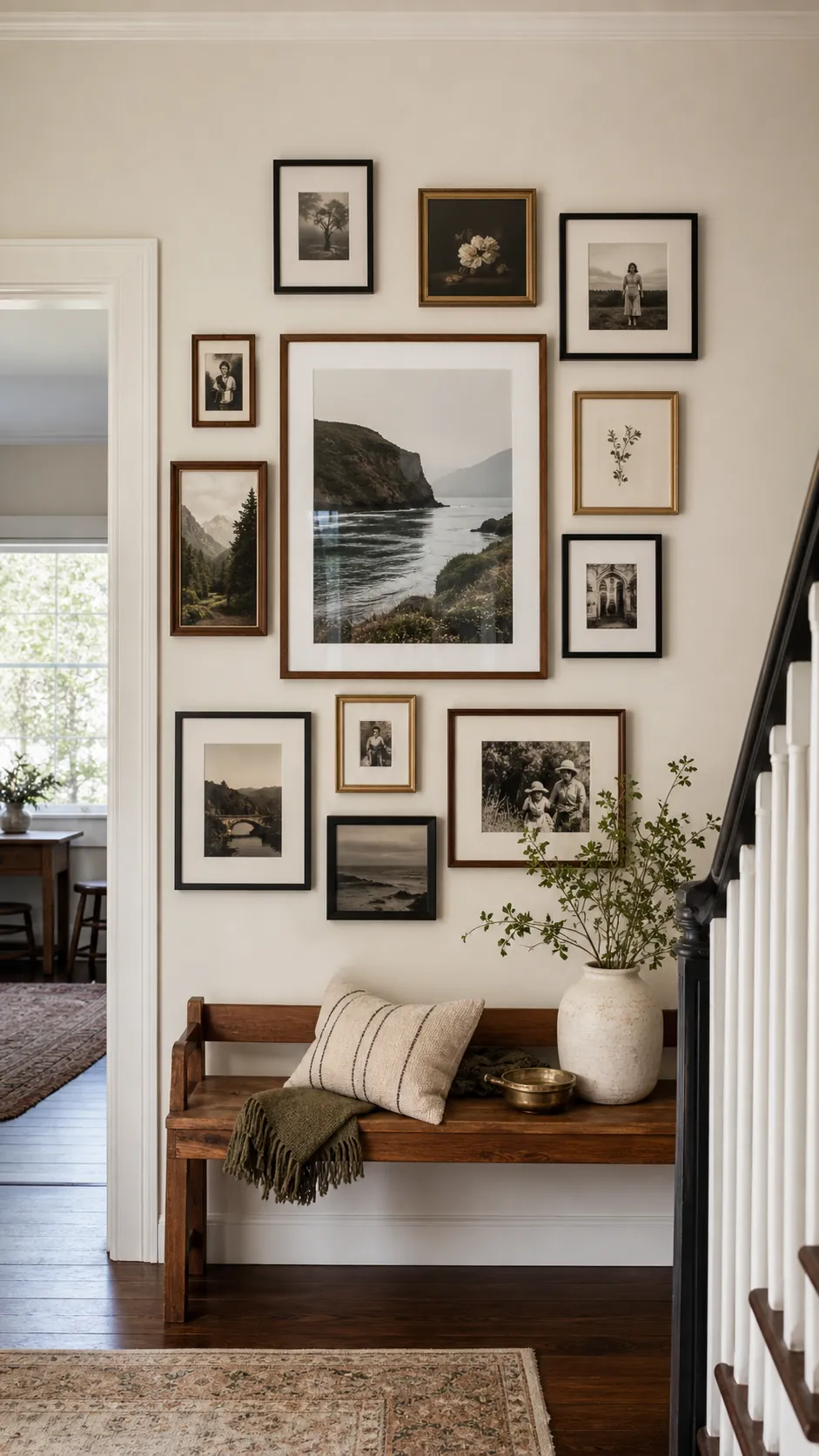 Start With an Off Center Anchor mixed photo frame wall idea