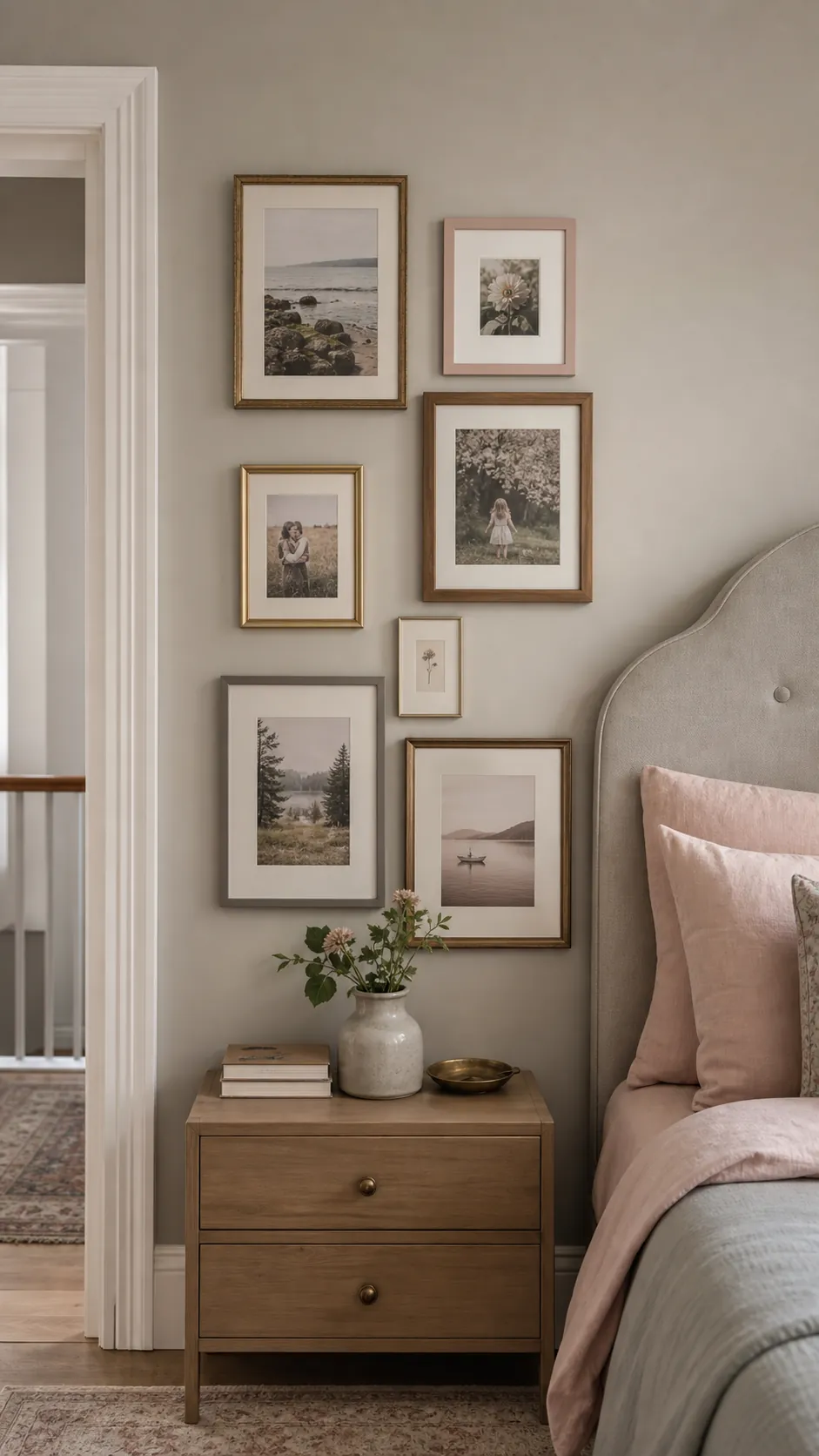 Choose Soft Tones for the Bedroom mixed photo frame wall idea