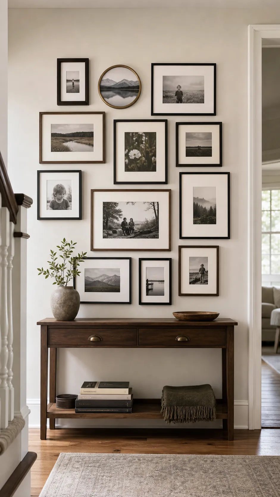 Add One Round Frame in the Entry mixed photo frame wall idea