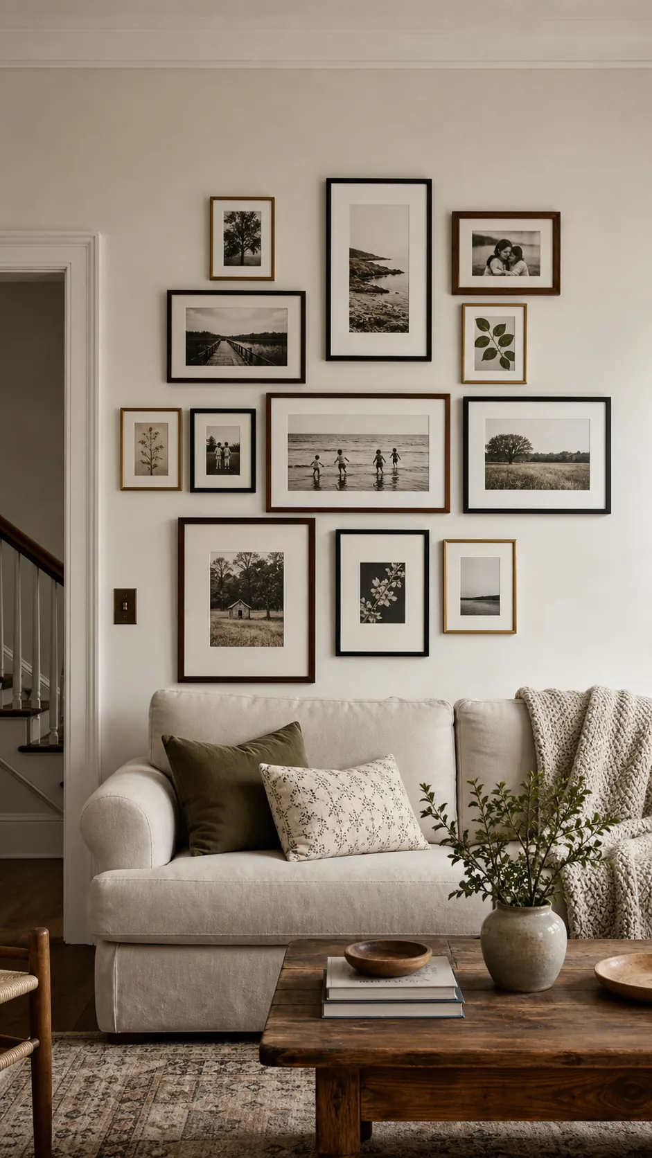 Use a Loose Grid Above the Sofa mixed photo frame wall idea