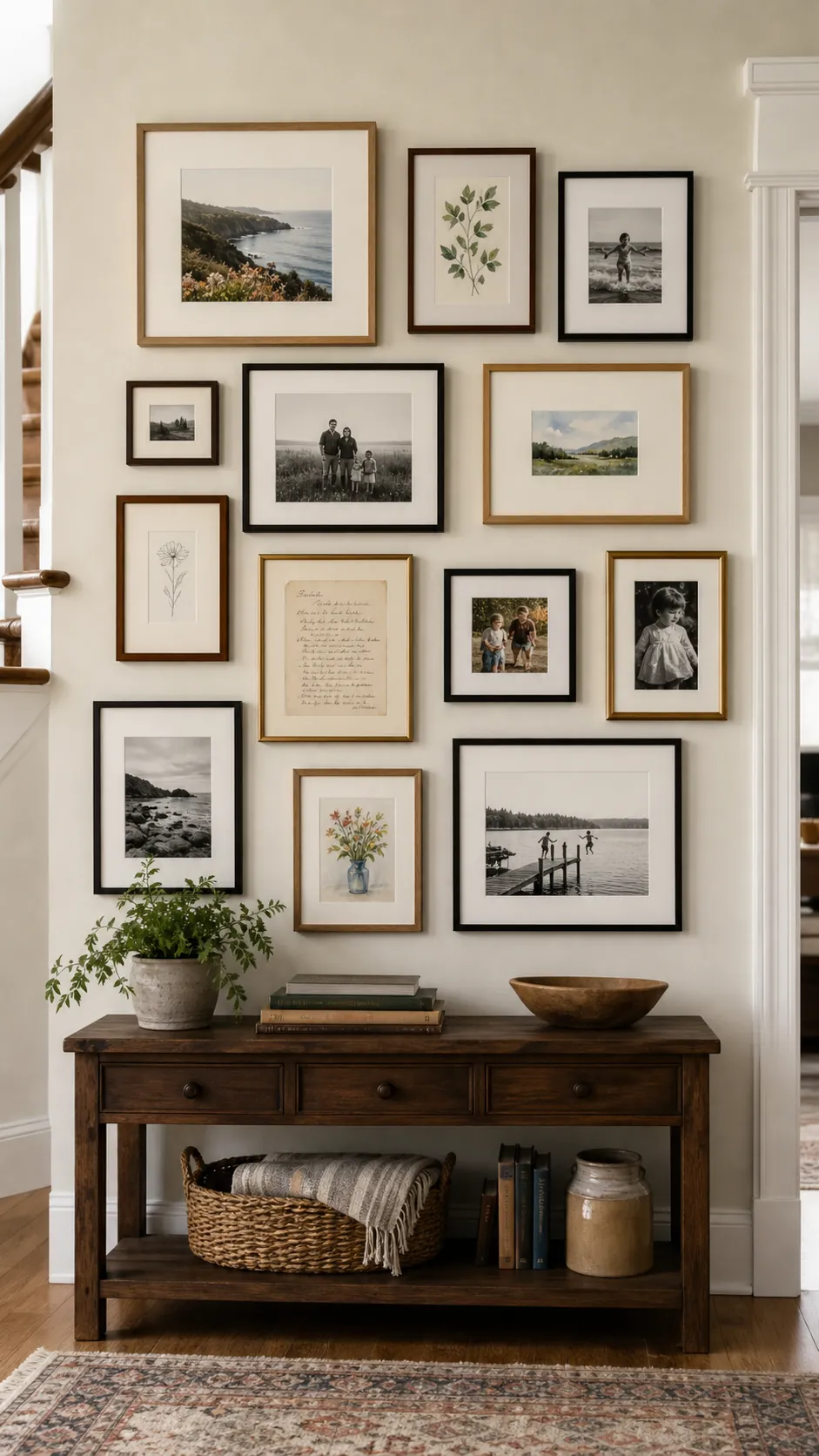 Mix Family Photos With Small Art mixed photo frame wall idea