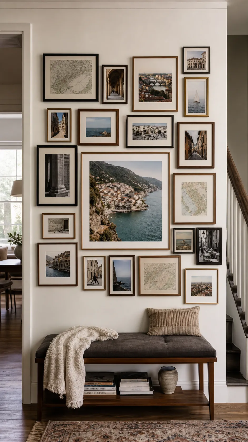 Turn Travel Memories Into a Wall Story mixed photo frame wall idea