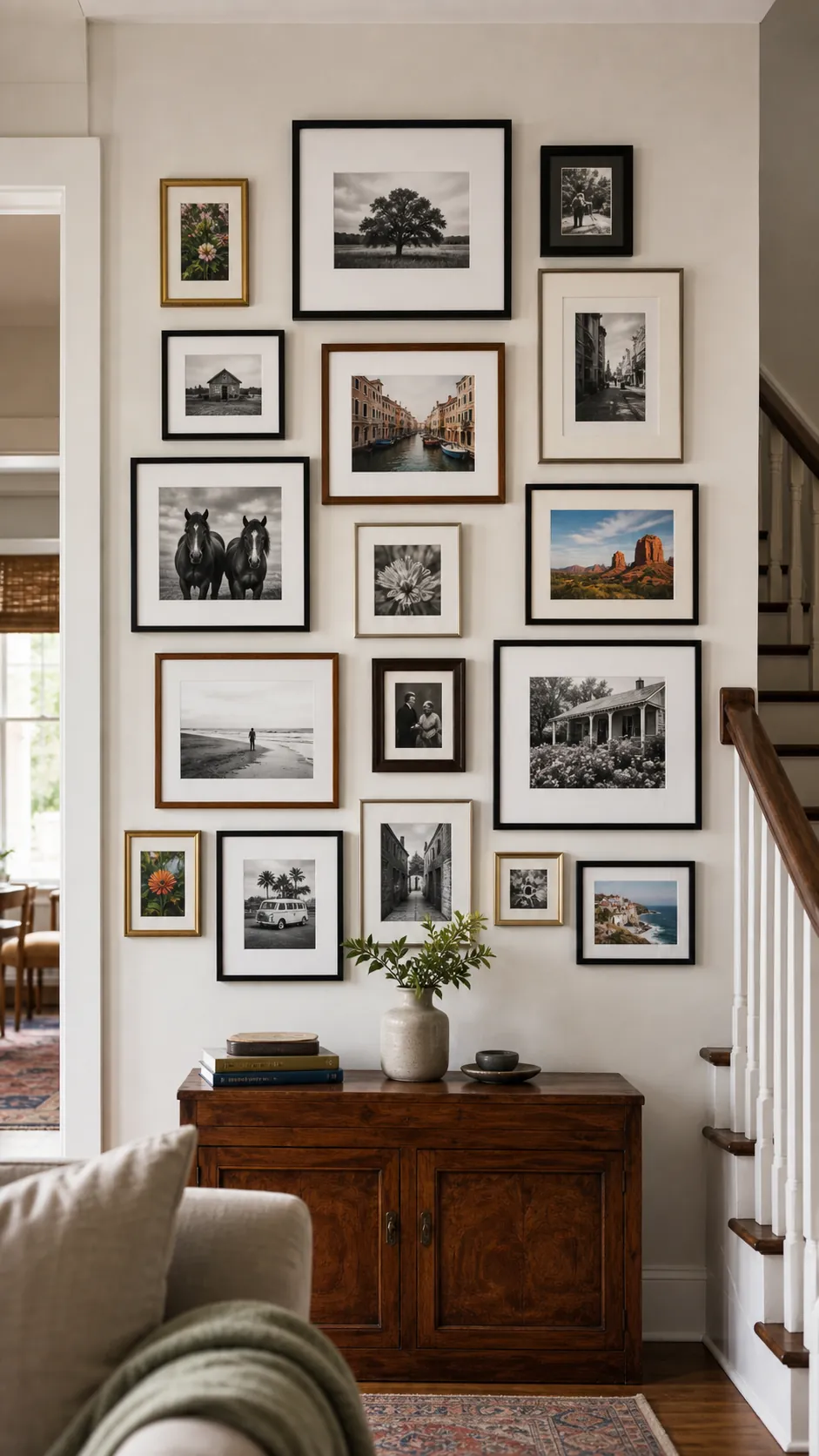 Balance Black and White With Color mixed photo frame wall idea
