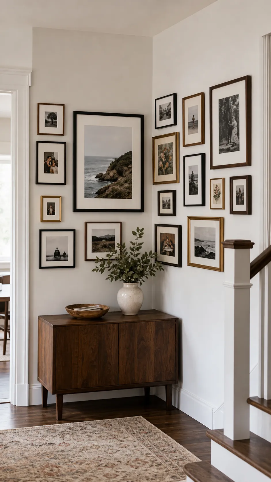 Wrap a Collection Around a Corner mixed photo frame wall idea