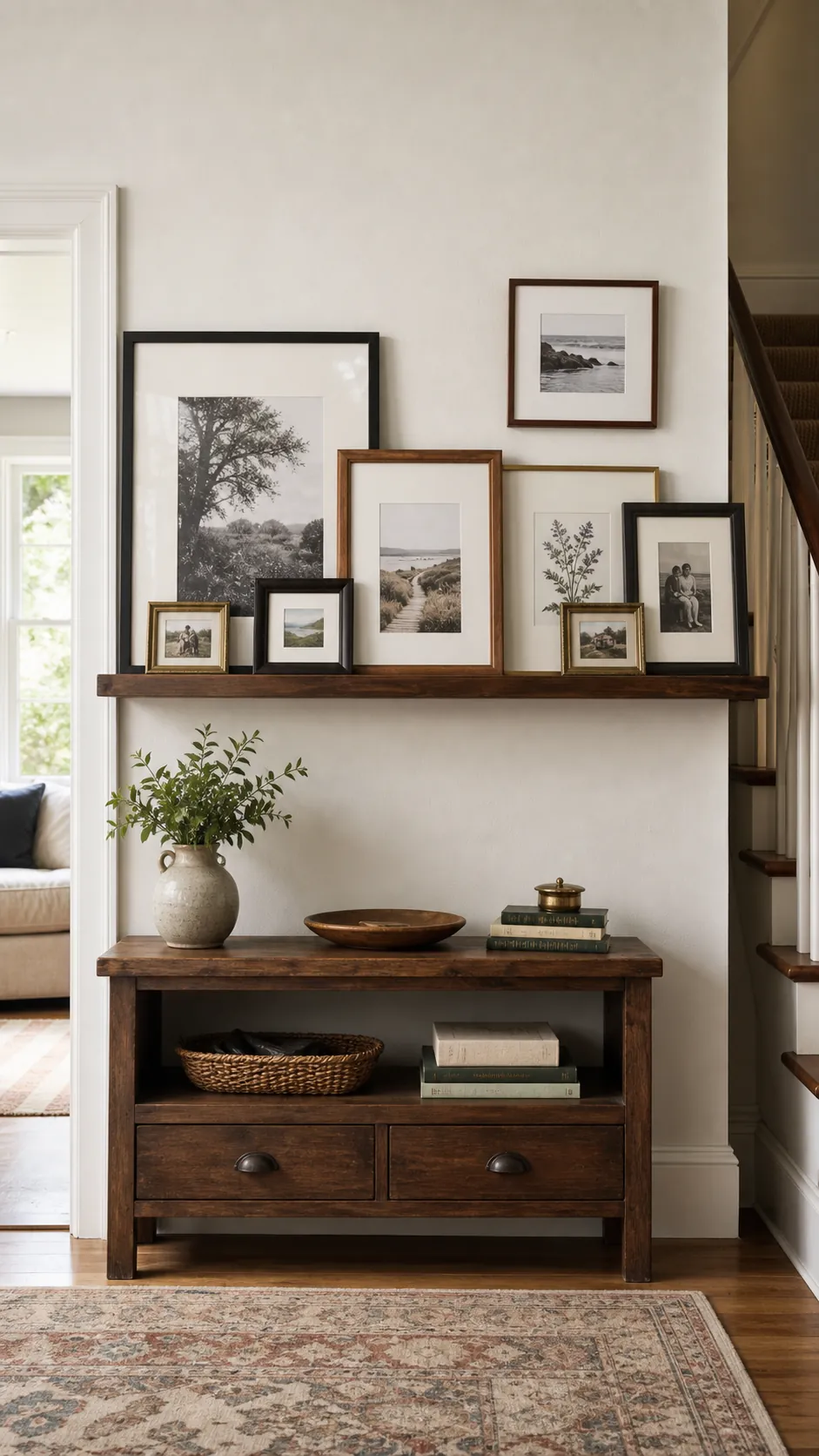 Layer Frames Along a Picture Shelf mixed photo frame wall idea