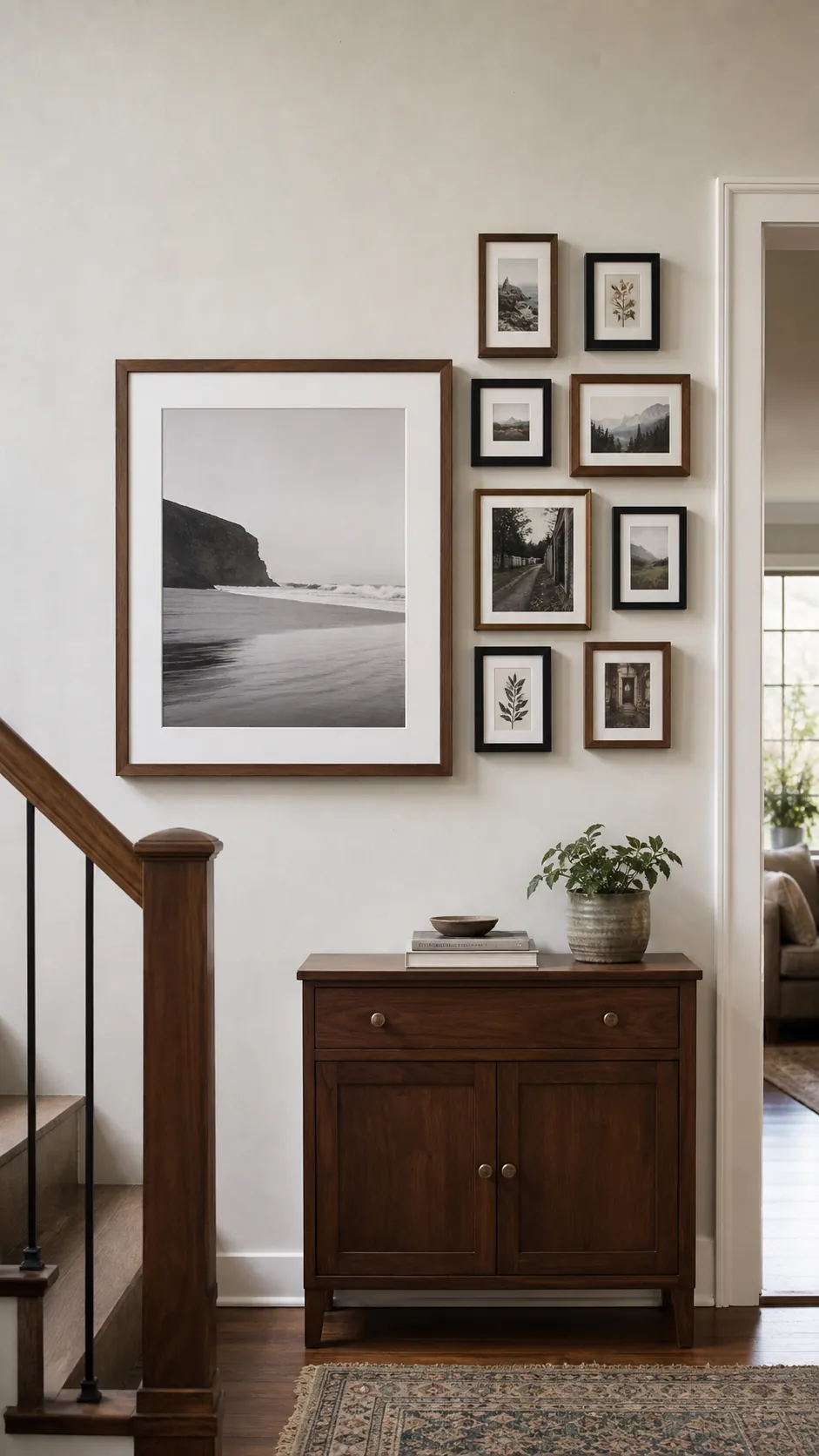 Balance One Large Frame With Small Ones mixed photo frame wall idea