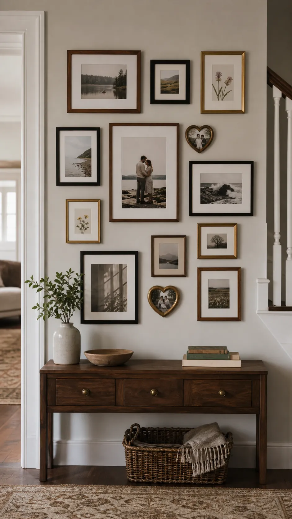 Use a Heart Frame as a Small Accent mixed photo frame wall idea