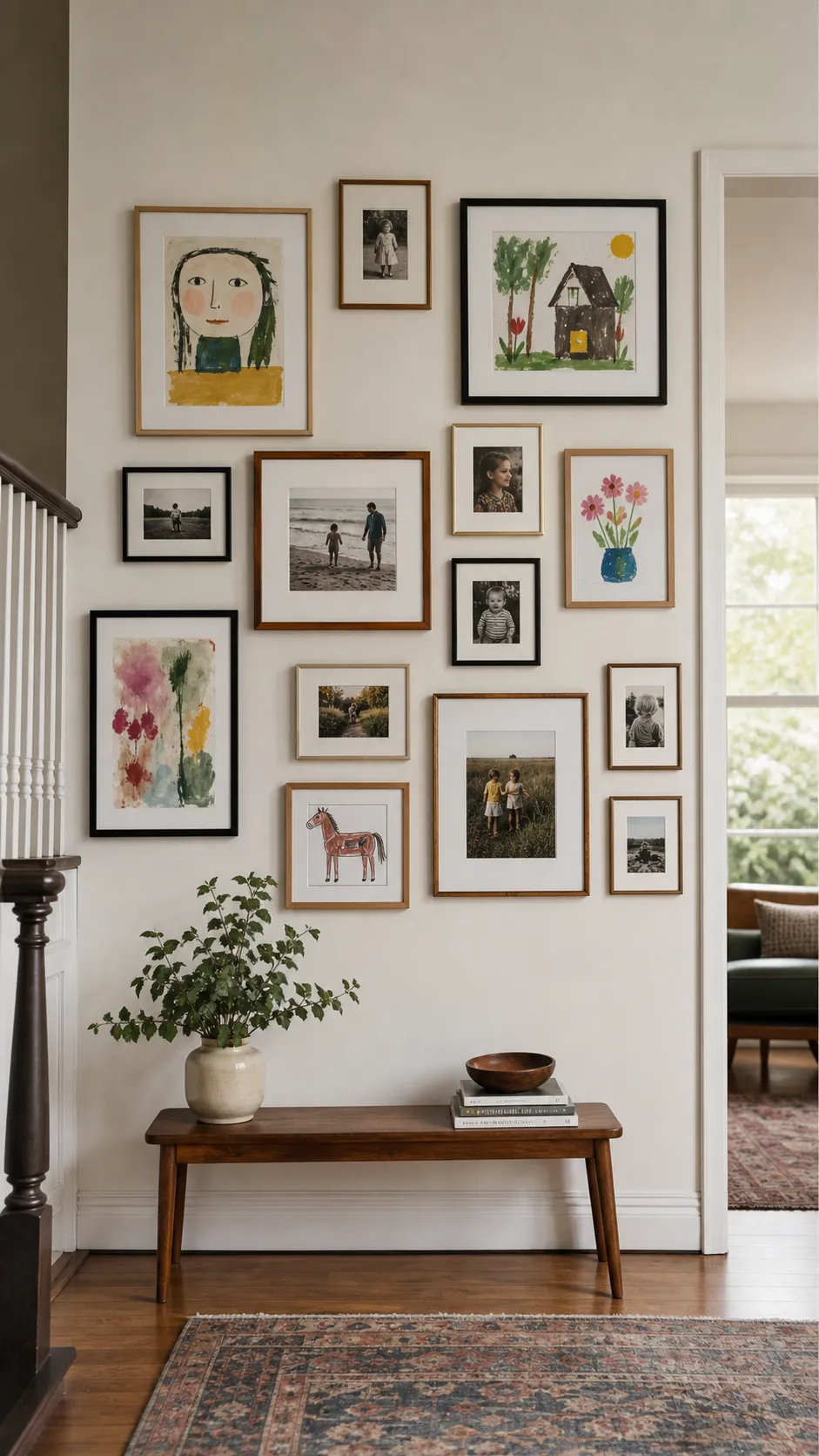 Give Kids Art a Grown Up Gallery mixed photo frame wall idea