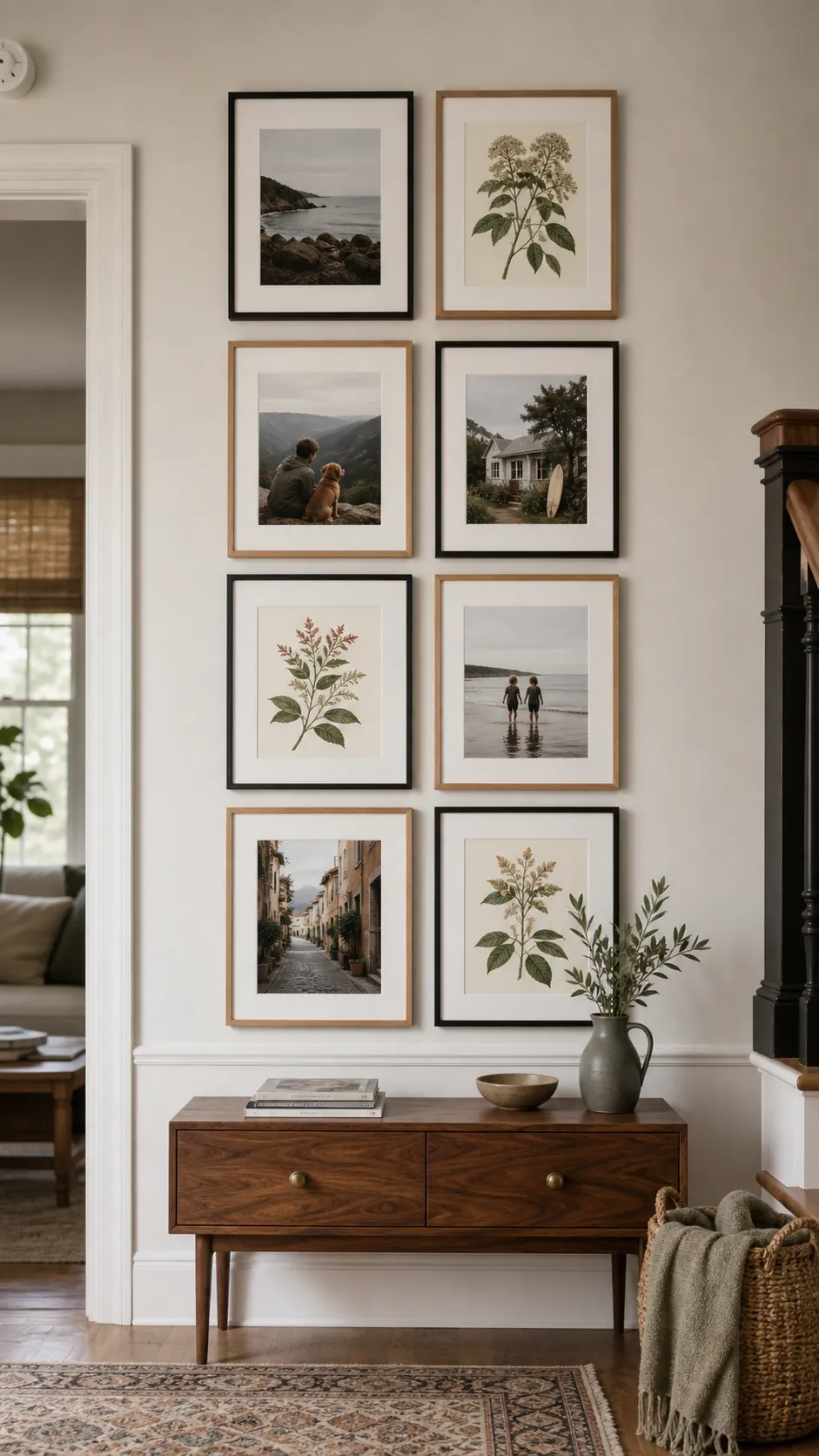 Pair Botanical Prints With Personal Photos mixed photo frame wall idea