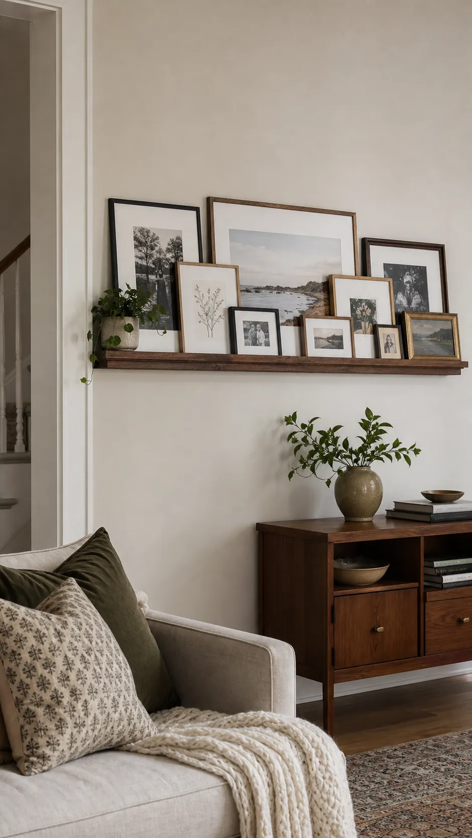 Use a Picture Ledge in a Rental mixed photo frame wall idea