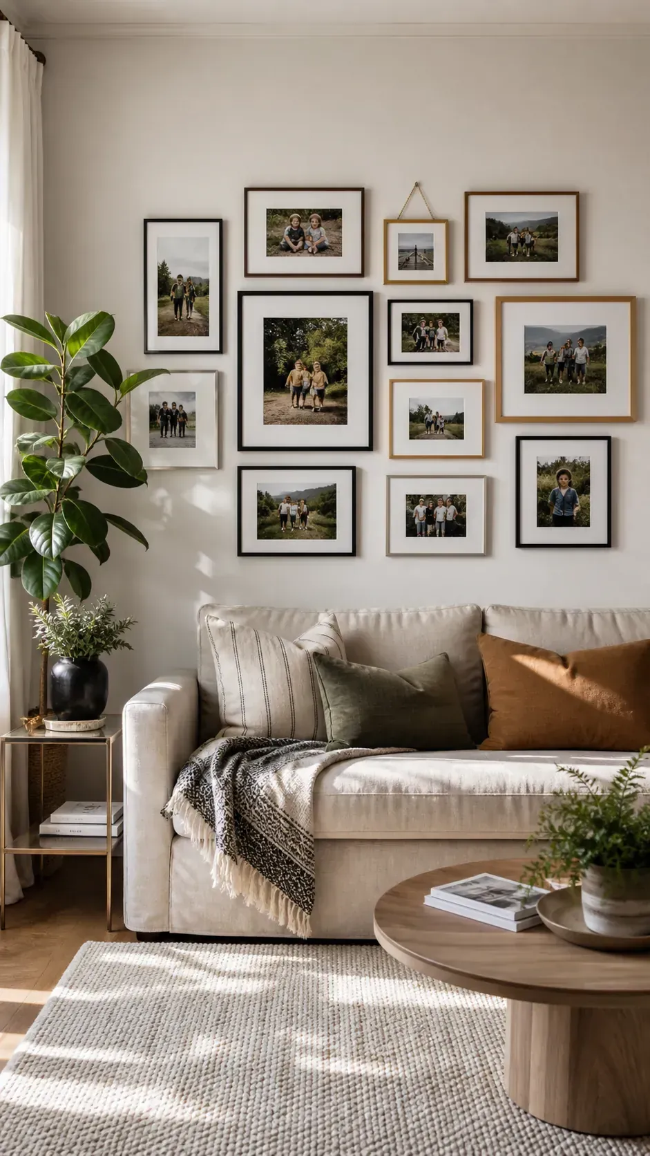 Warm living room with a beautifully composed family photo gallery wall