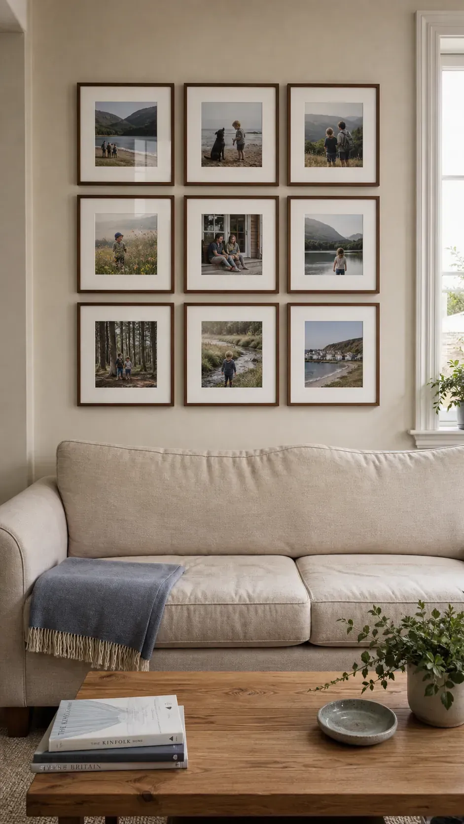 Symmetrical family photo grid above a living room sofa