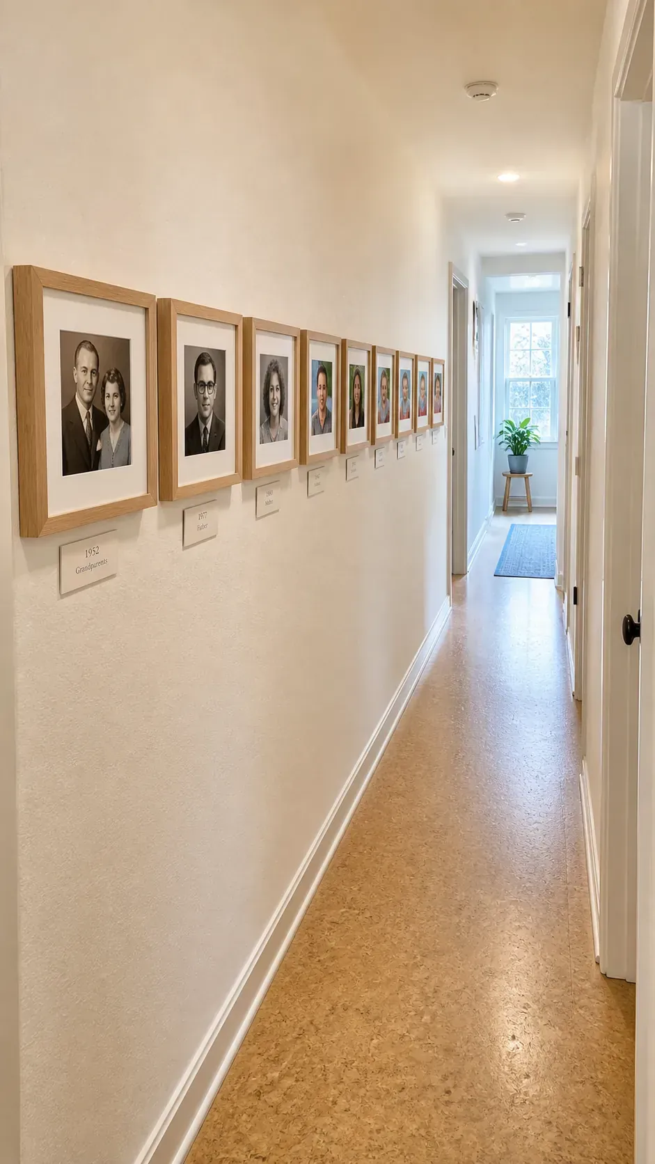 Chronological family photo timeline in a bright hallway