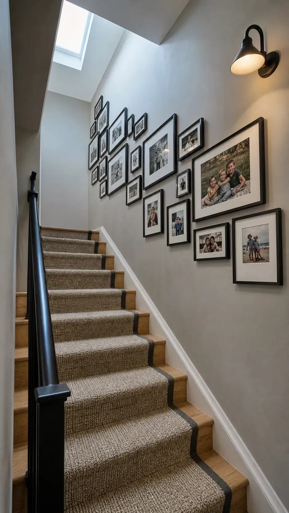 Family picture frames arranged along a staircase wall