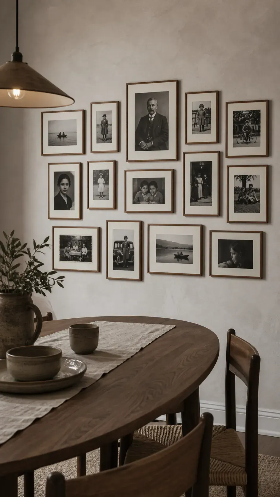 Black and white family photographs in warm wood frames