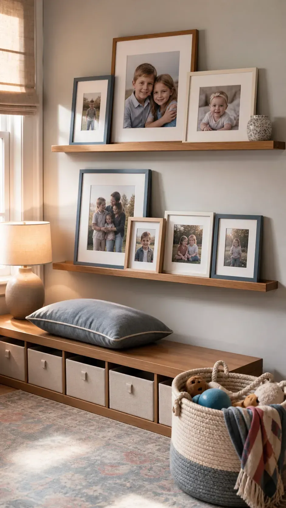 Layered family photographs displayed on picture ledges
