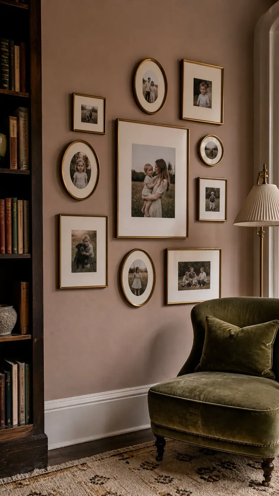 Organic family gallery wall with mixed brass frames