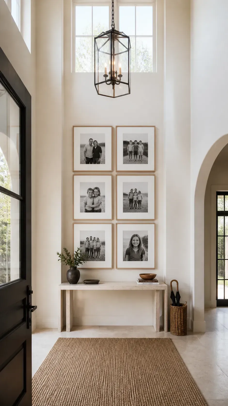 Large framed family portraits in a tall home entryway