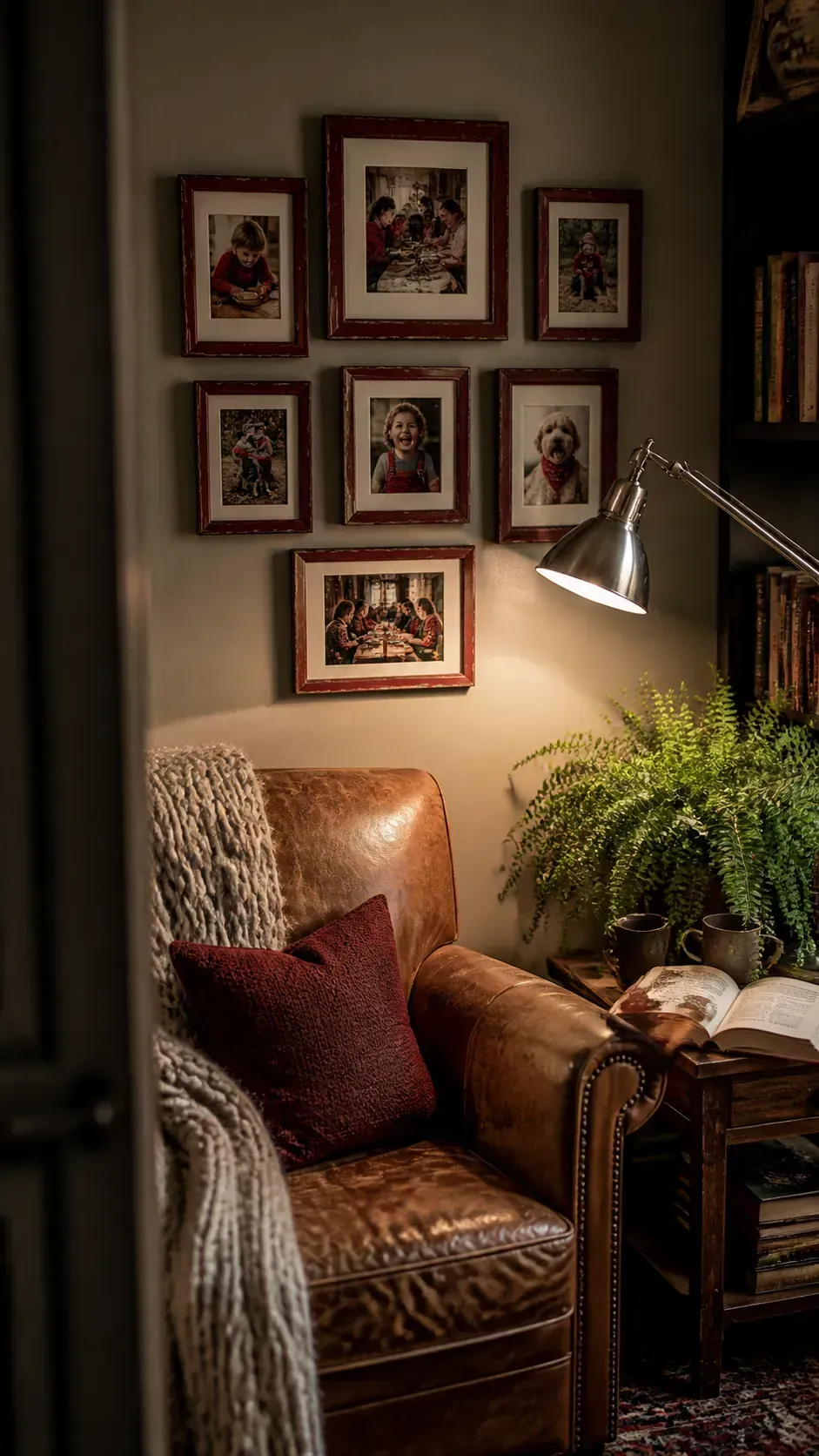 Candid family photo display beside a cozy reading chair