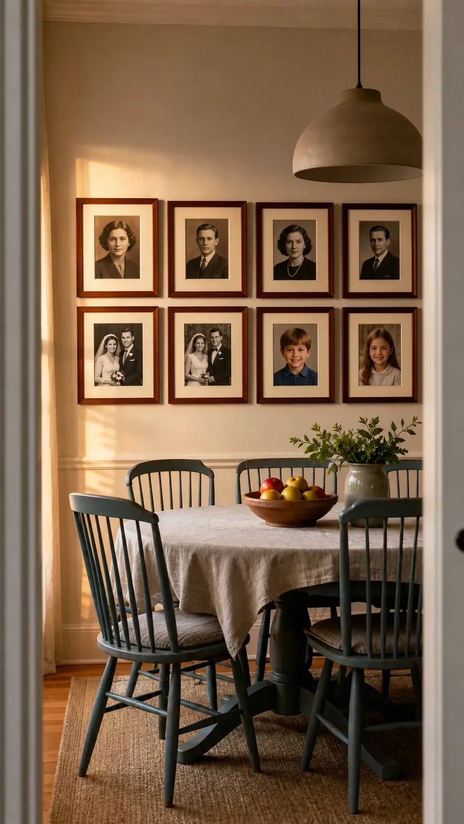 Generational family portraits displayed in a dining room