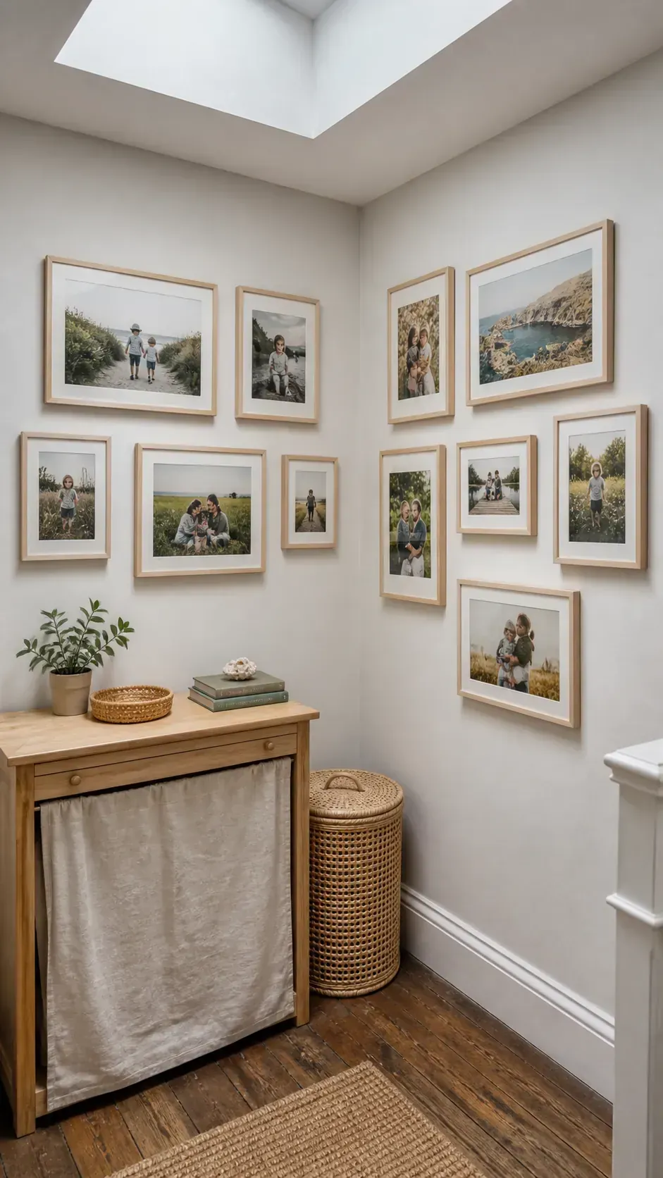 Family photo gallery wrapping around two adjoining walls