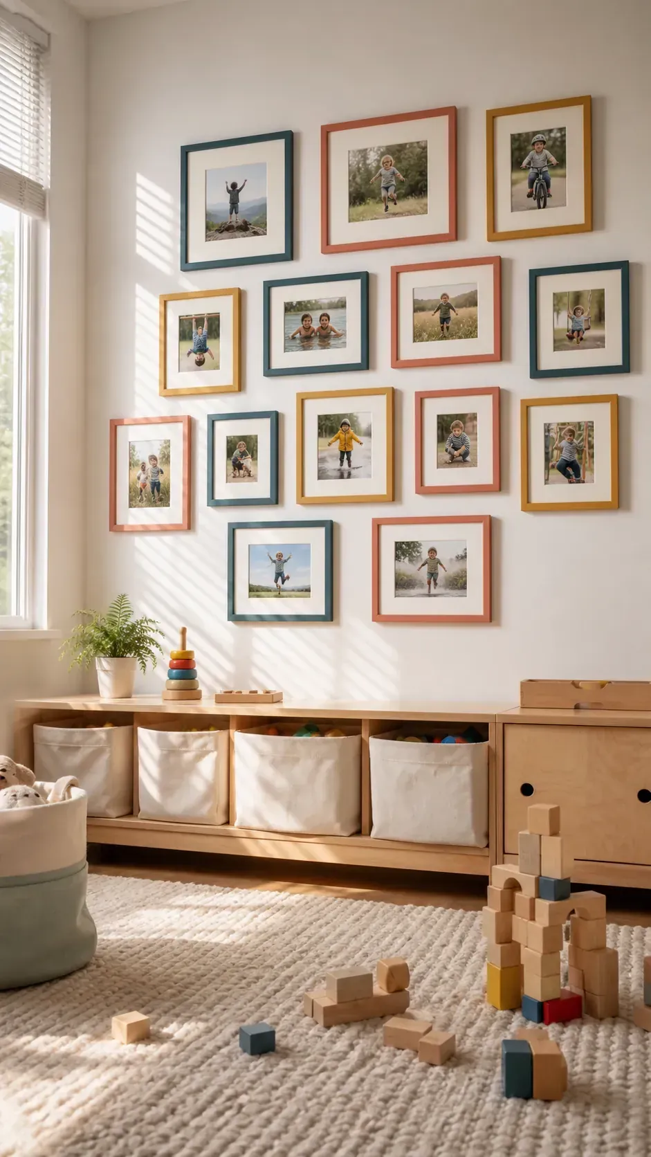 Colorful framed childhood photographs on a family wall
