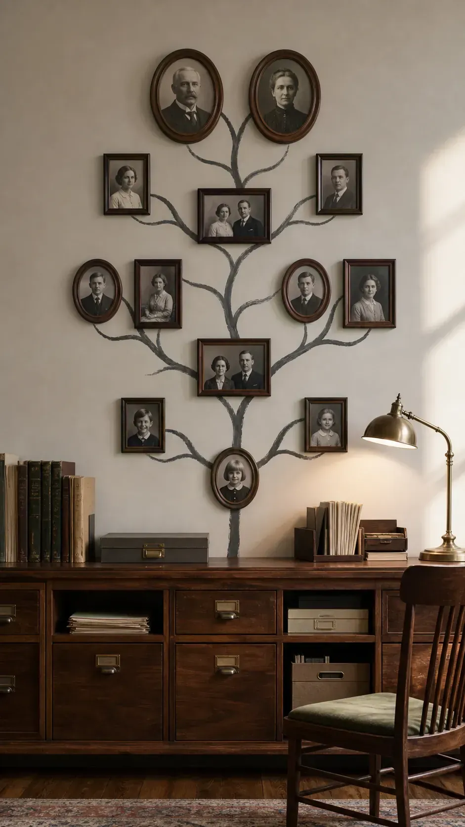 Family tree inspired arrangement of framed portraits