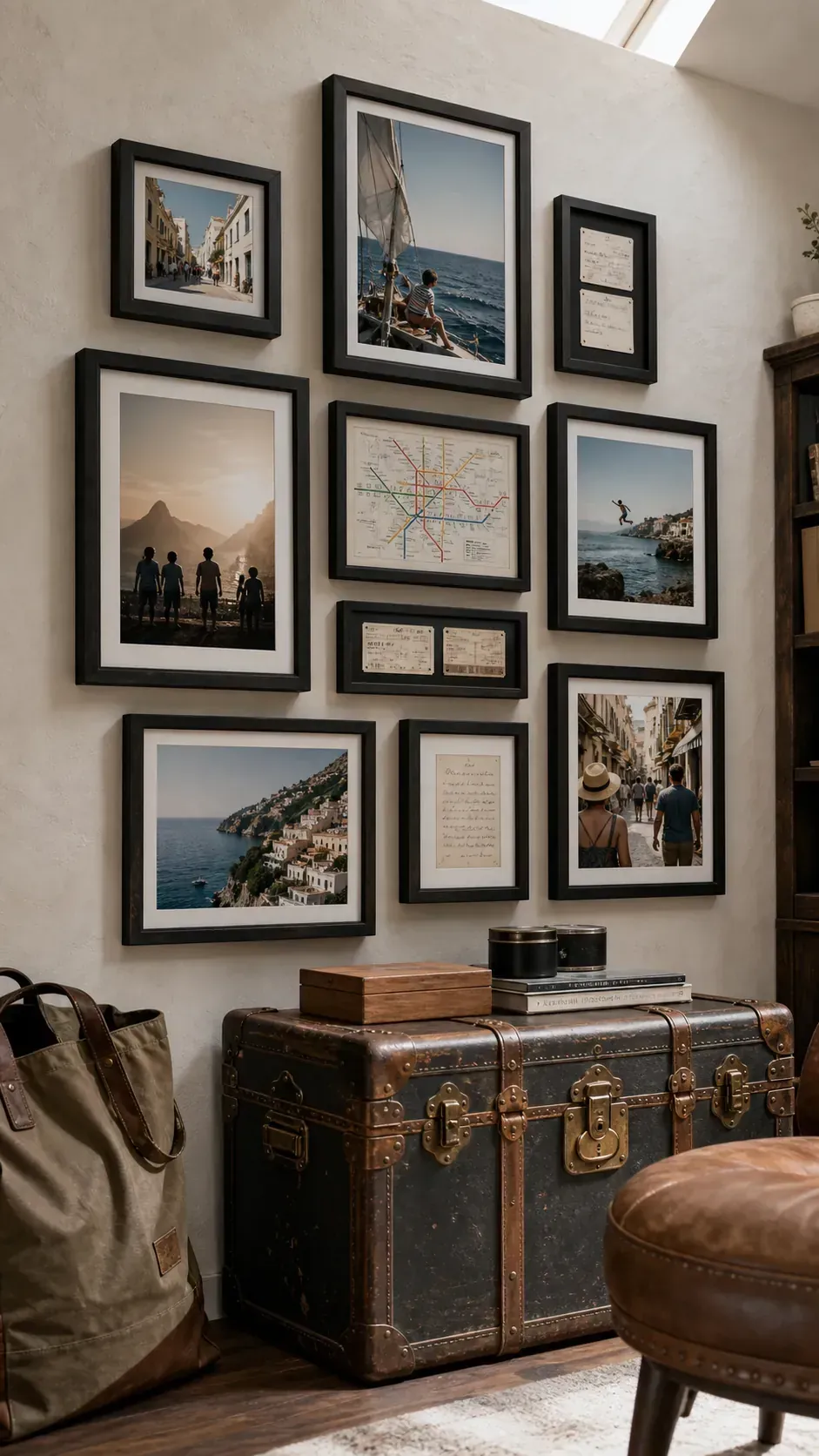 Family travel photographs and keepsakes in coordinated frames