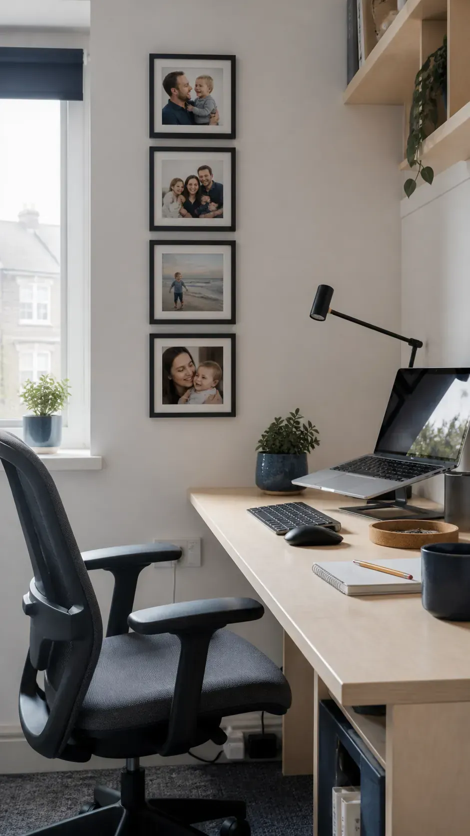 Family photos arranged beside a practical home office desk