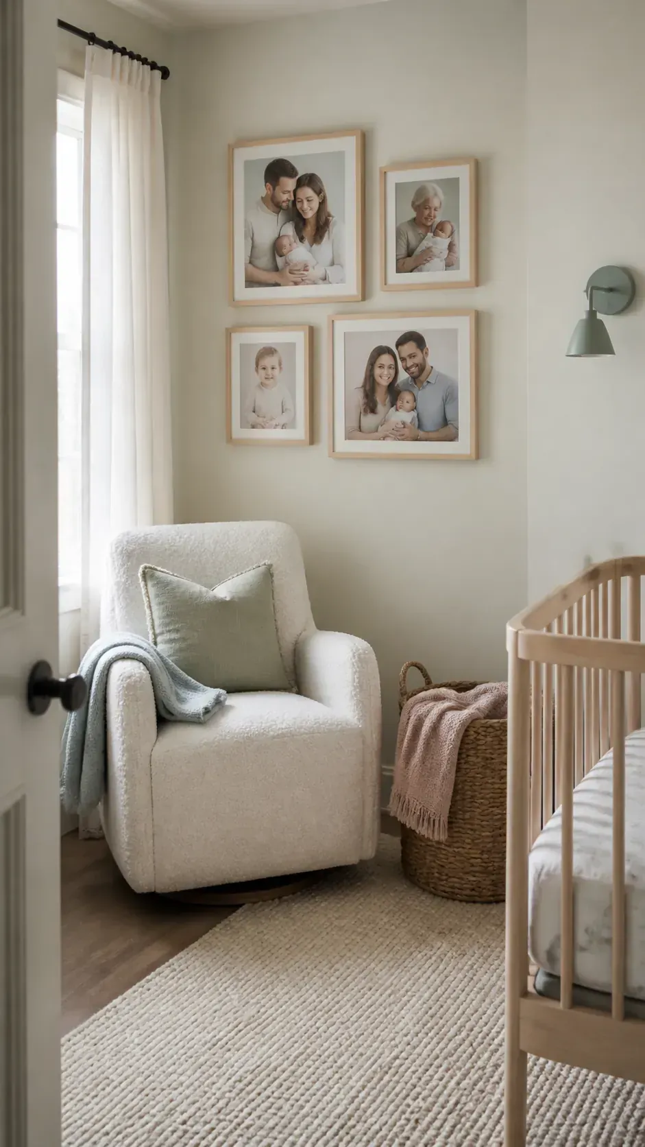 Soft family portrait group on a nursery wall