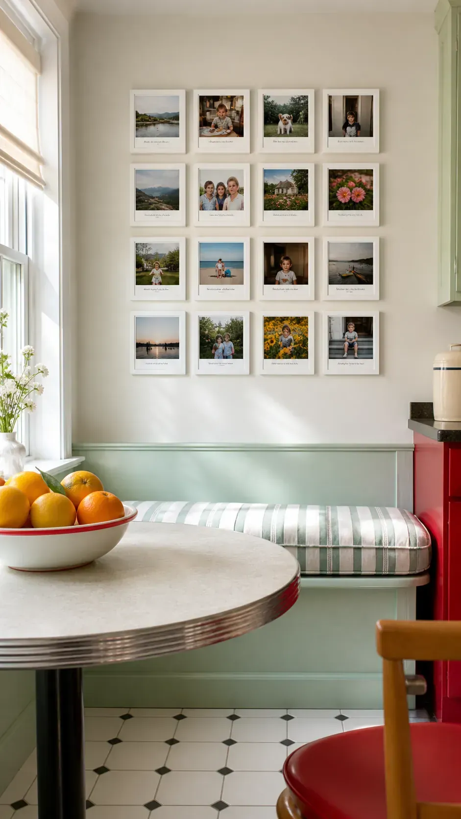 Polaroid style family snapshots displayed in small frames