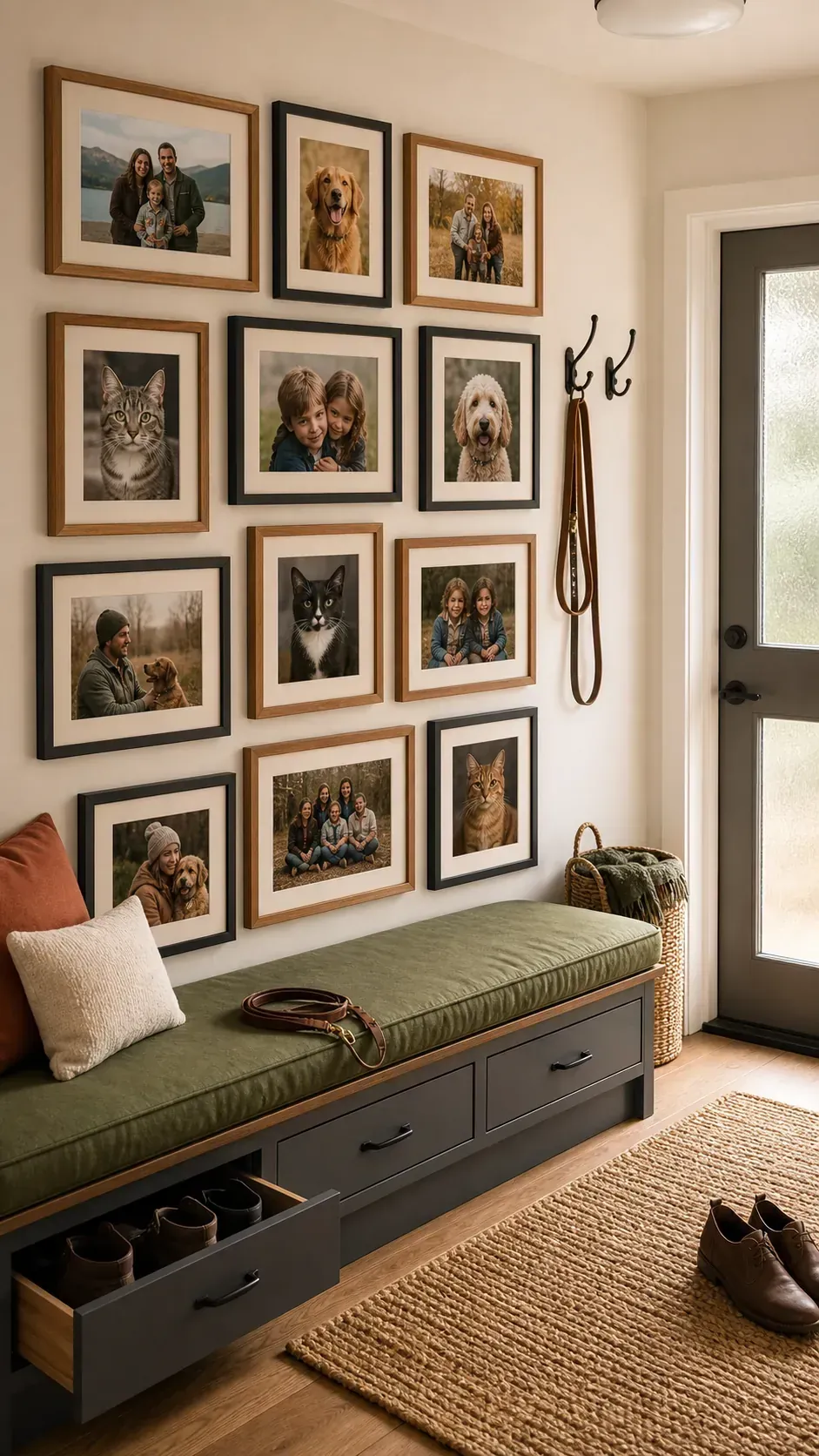 Family and pet portraits mixed in a welcoming gallery wall