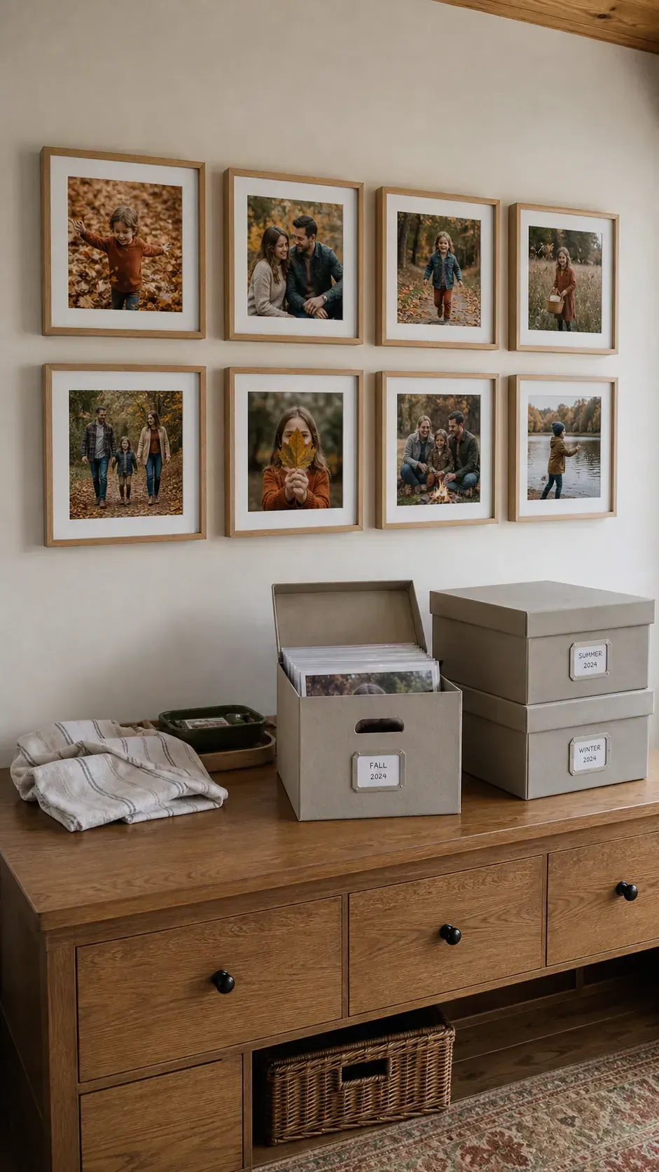 Seasonal family photographs in easy change wall frames