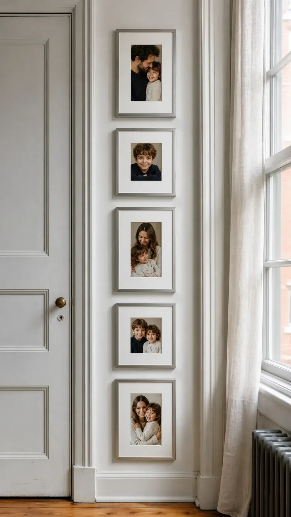 Vertical stack of family photos on a narrow wall