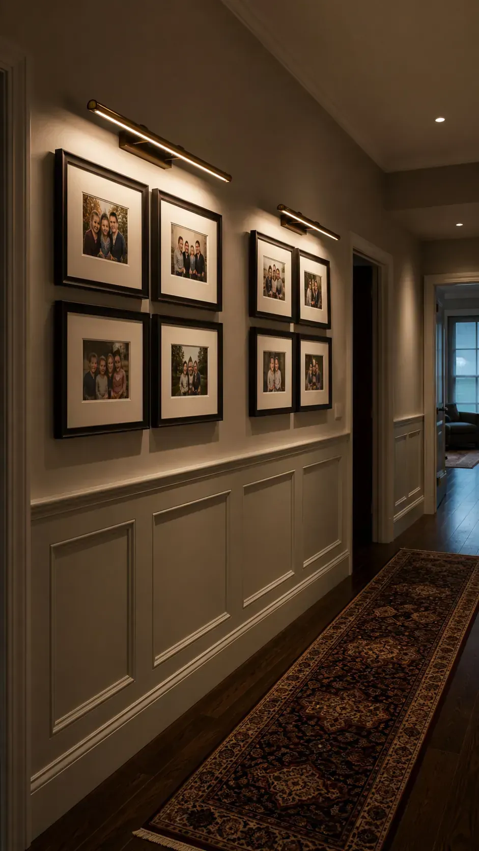 Family hallway gallery illuminated by warm picture lights