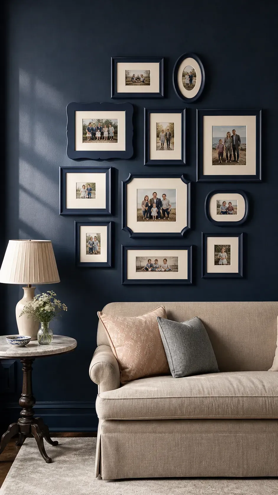 Monochrome family picture frames on a deep painted wall