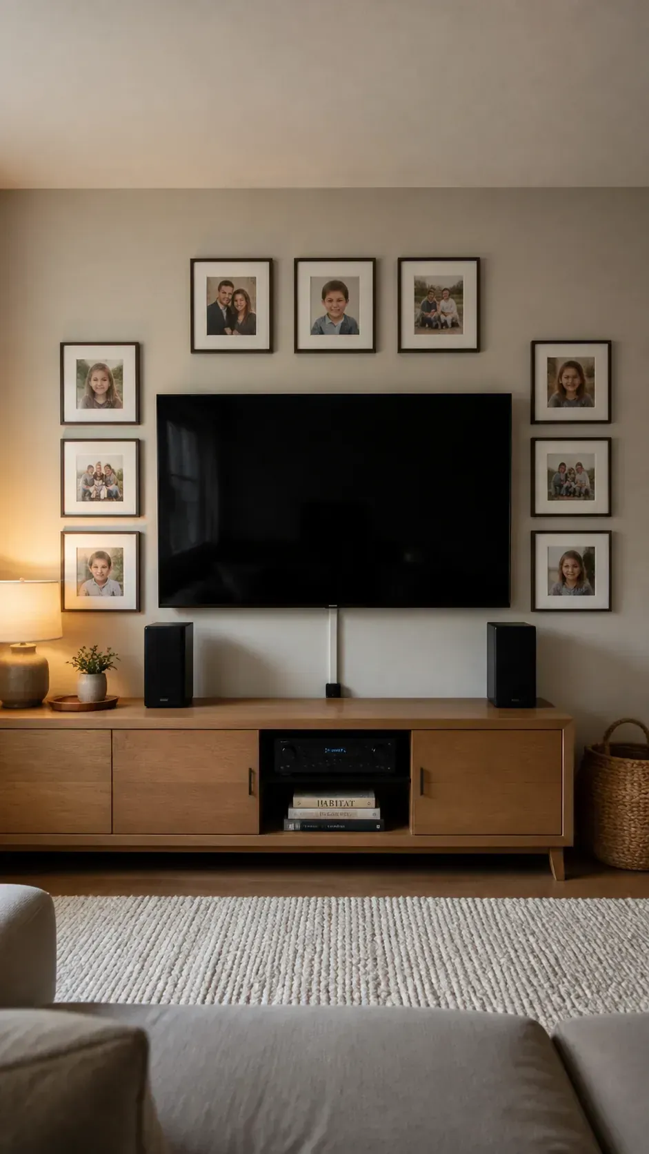 Balanced family picture frames arranged around a television