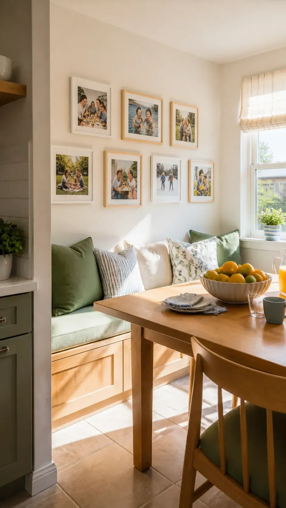 Casual family photo gallery in a bright breakfast nook