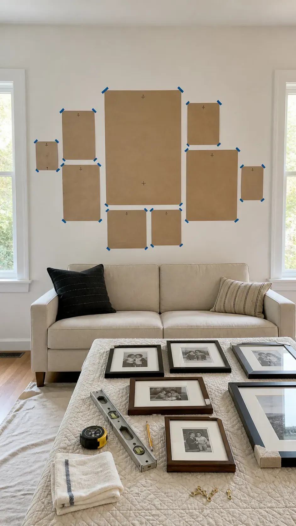 Organic family gallery wall planned with kraft paper templates