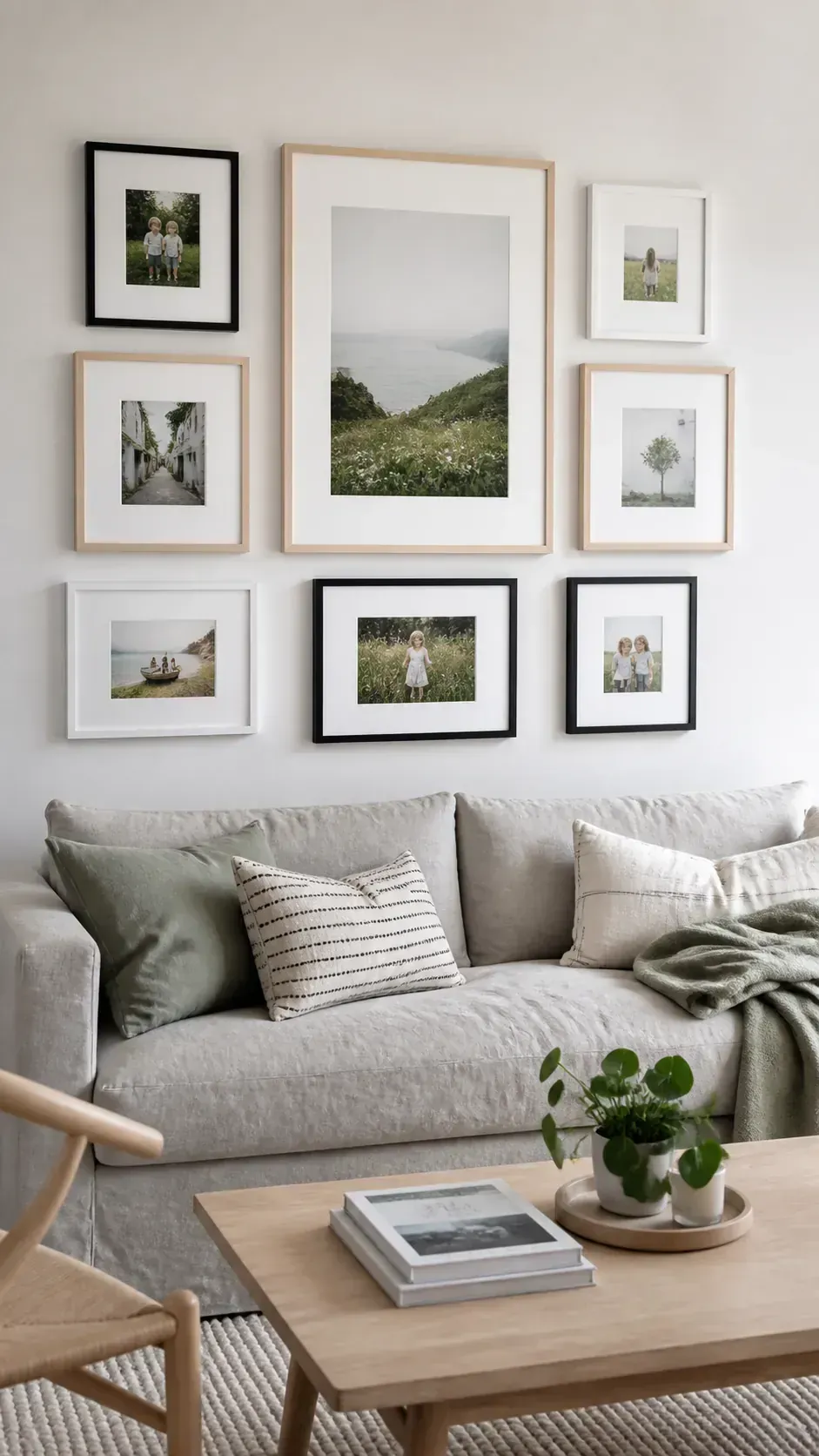 Stylish affordable photo frame gallery in a real living room