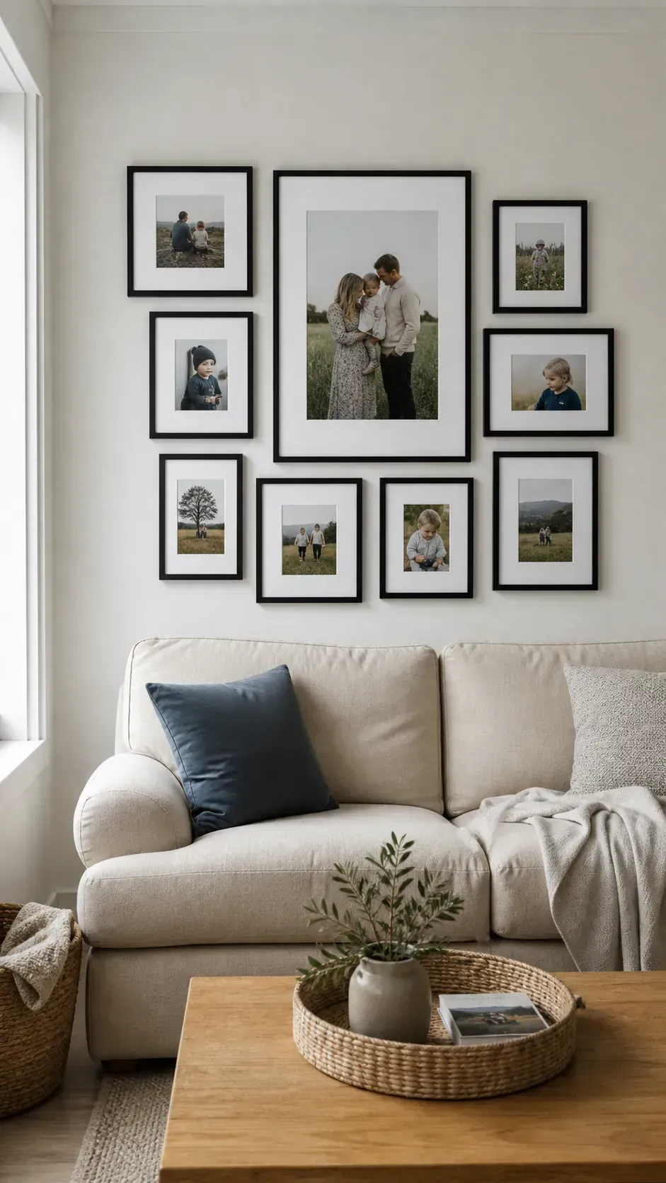 Mixed size IKEA style frame gallery above a living room sofa