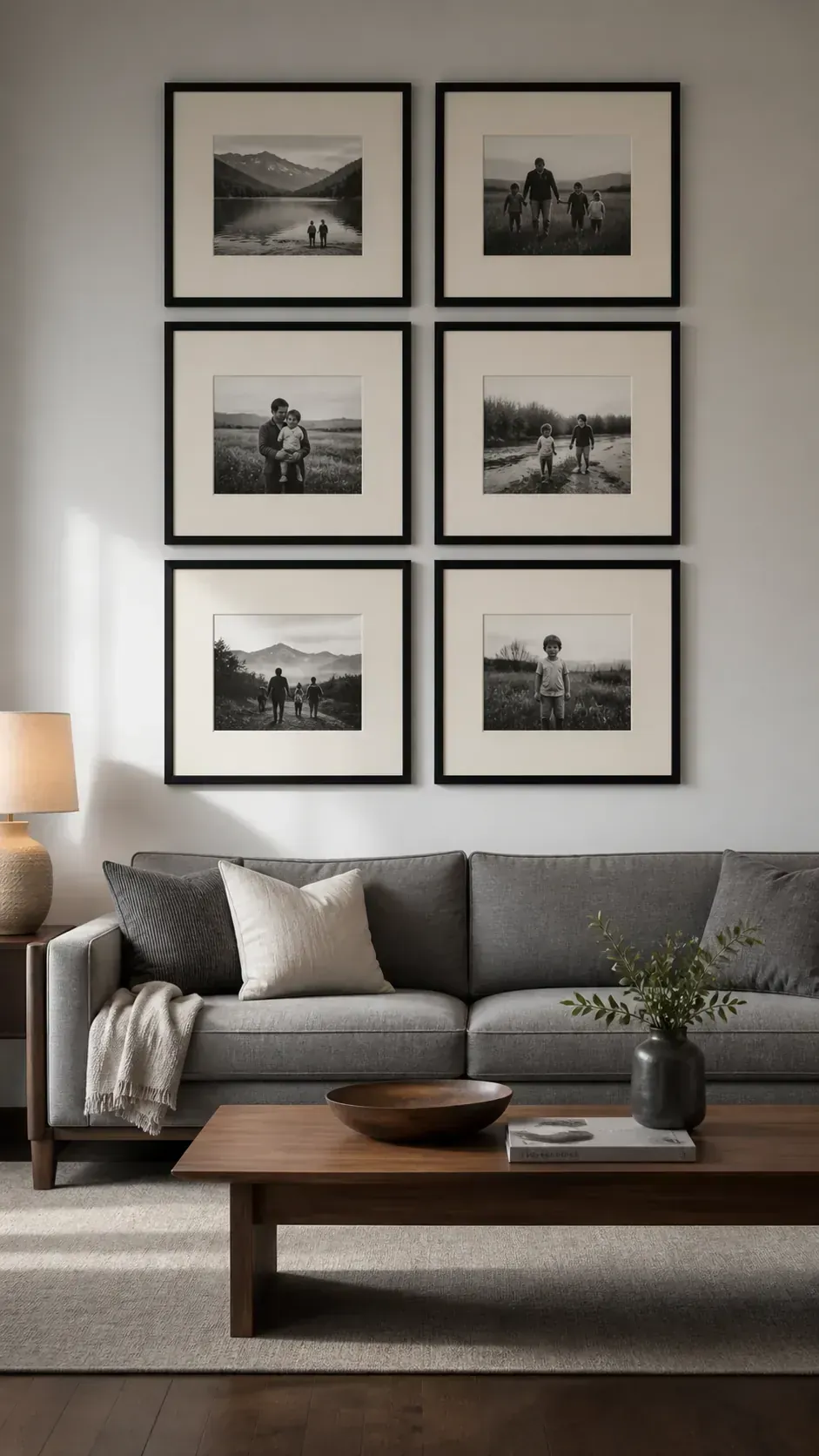 Black IKEA style frame grid centered above a sofa