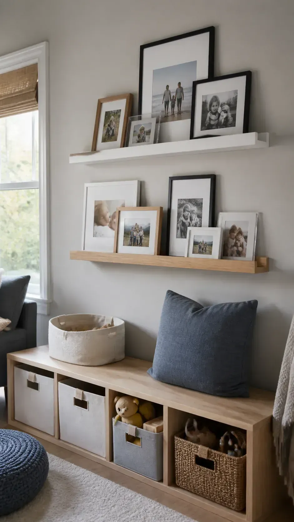 Layered IKEA style picture ledges with family photographs