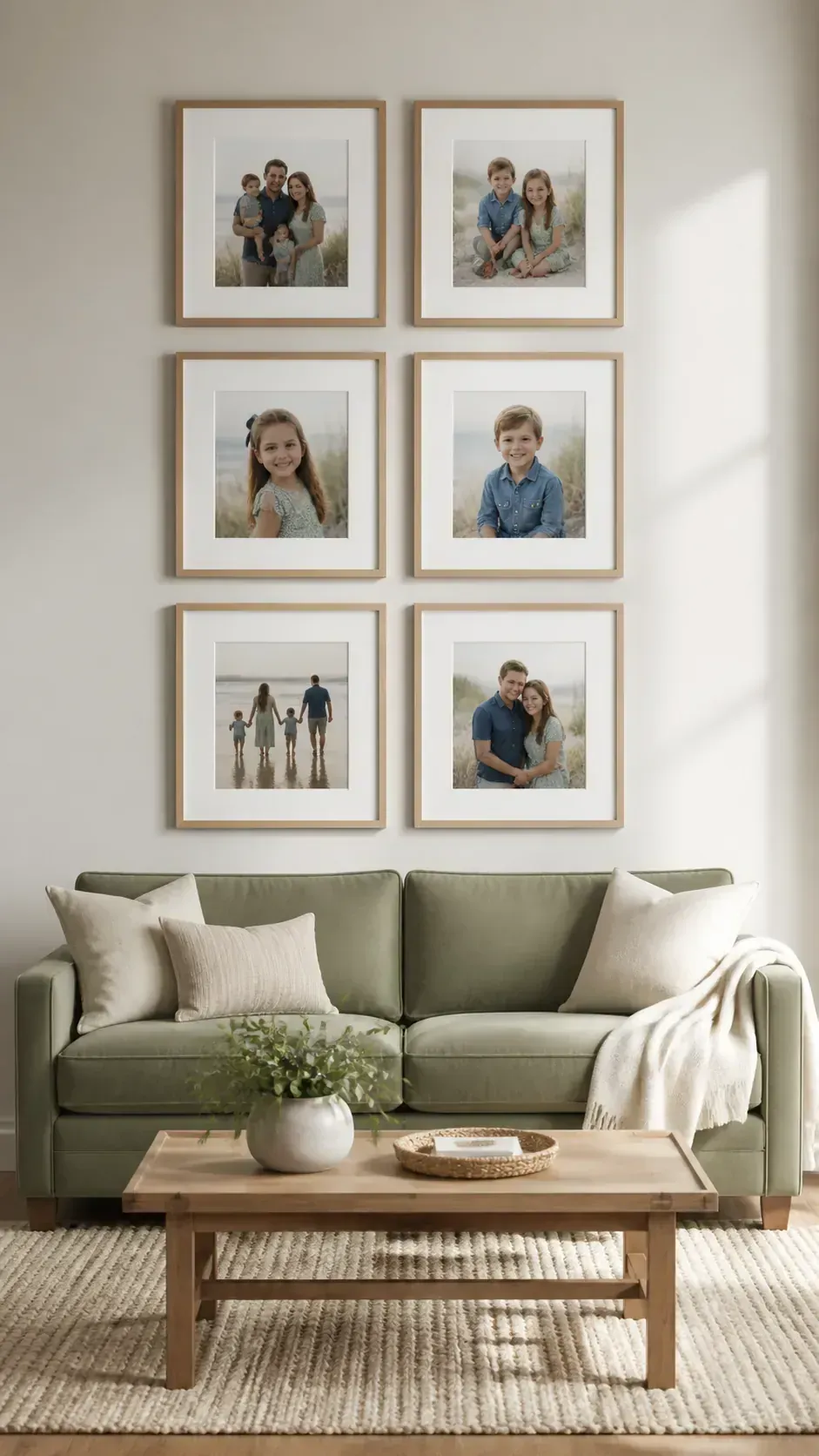 Symmetrical six frame photo wall in a living room